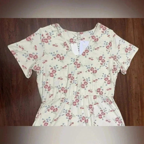 WAYF Alexa Short Sleeve Front Slit Midi Dress Ivory Whisper Pink Floral 1X NWT - Picture 10 of 14